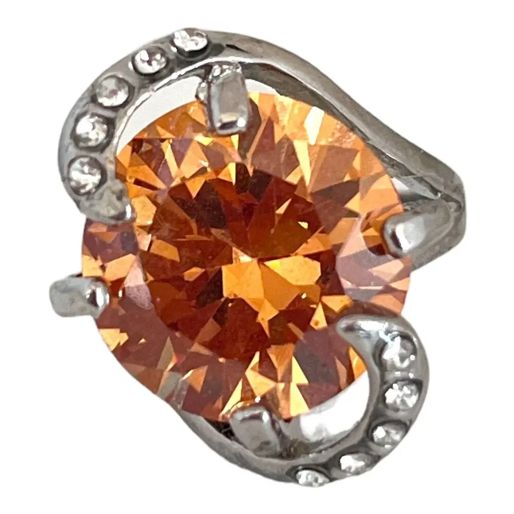 Vintage 1980s Orange Crystal Statement Ring Rhinestone Silver Tone Size 7 - 5Z